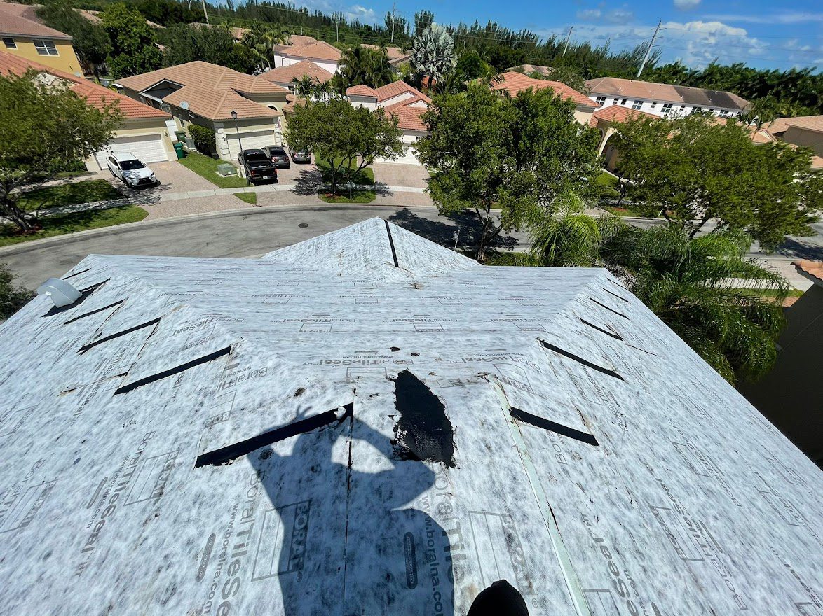 Applying adhesive to a roof