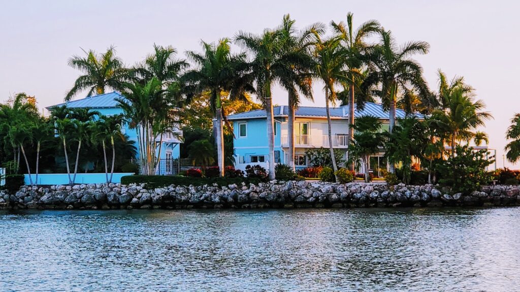 Waterfront homes with palm trees and calm water view