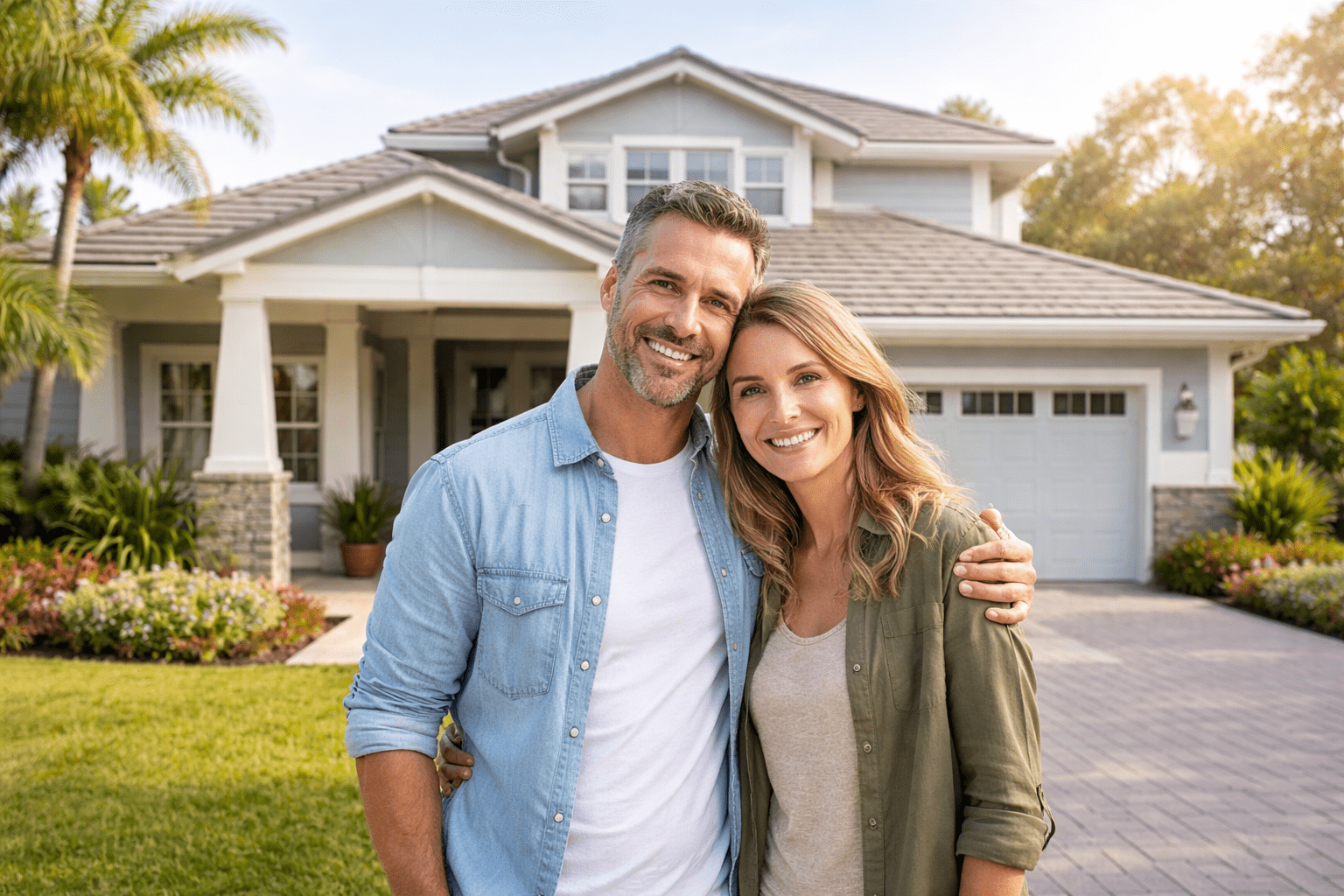 Happy homeowners standing in front of their residential home