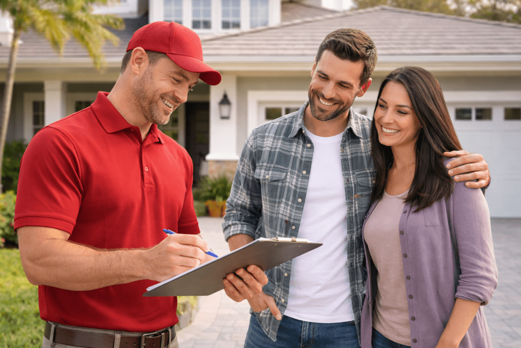 Roofing contractor discussing project with homeowners outside house