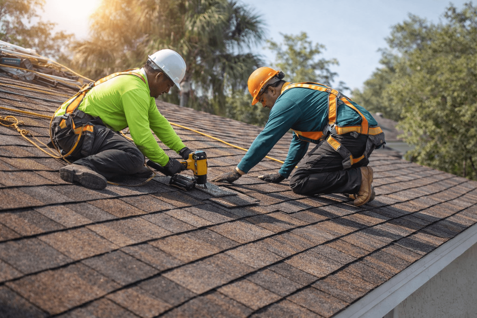 Roofing workers installing shingles on residential roof
